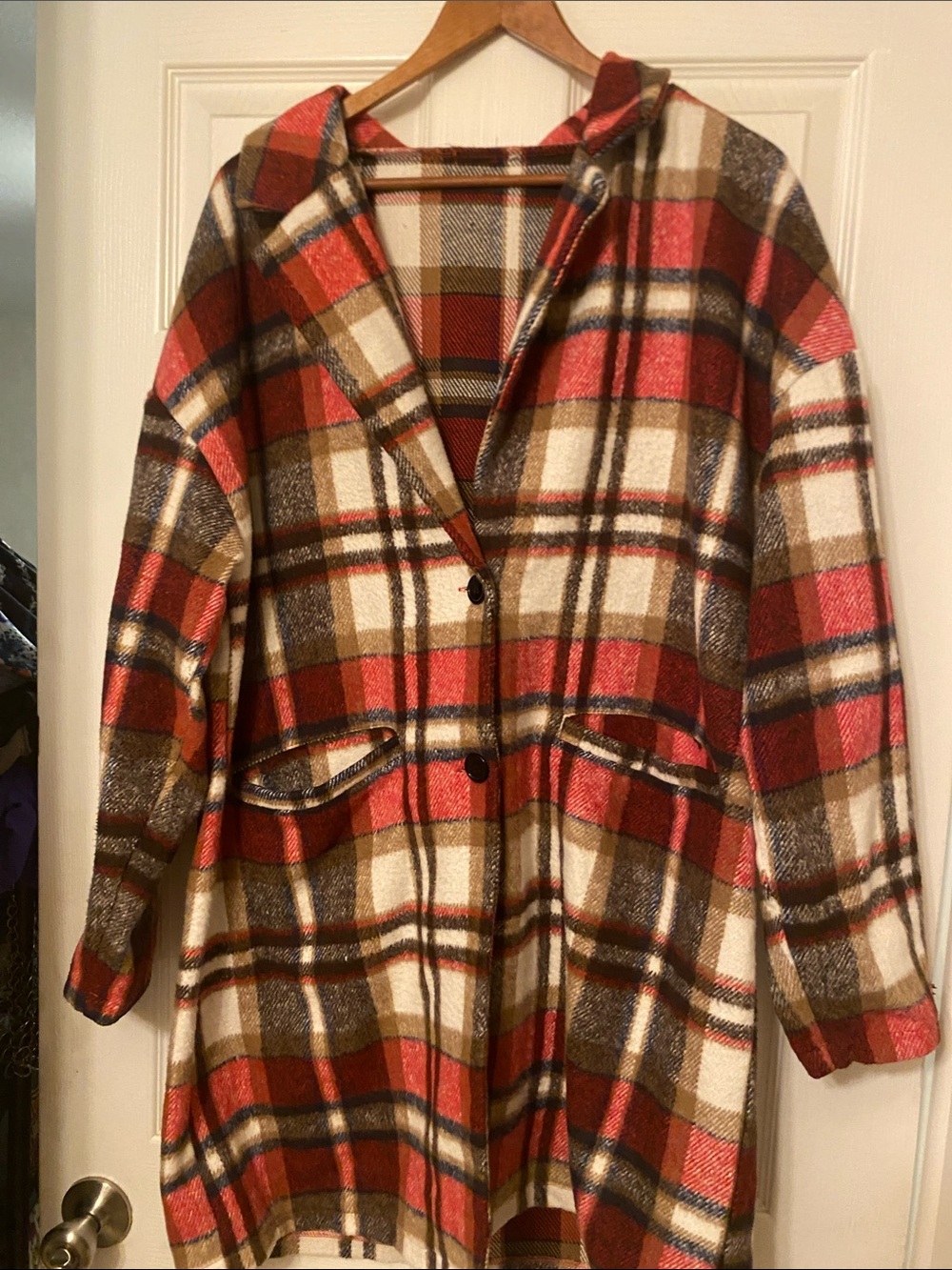 Plaid Button-Front Cape Coat in Red, Brown and Cream